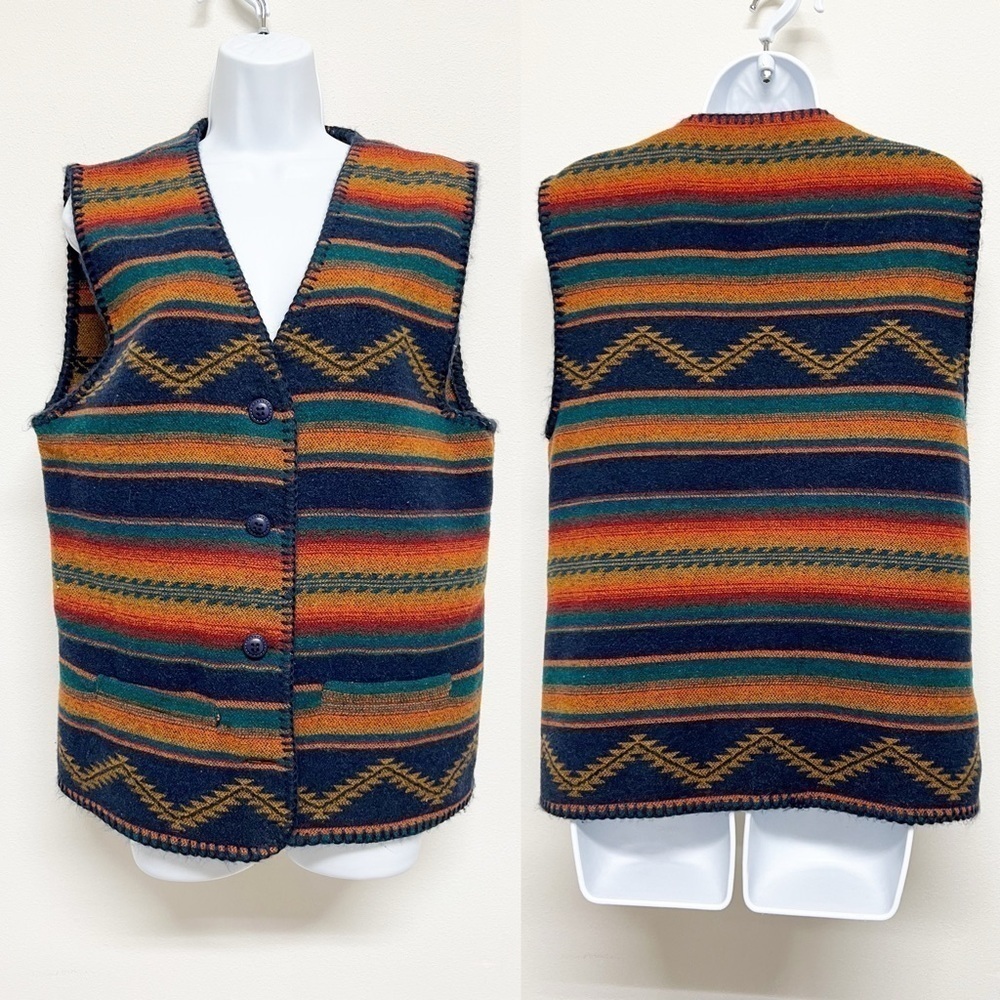 Signature Expressions Vintage Unisex Wool Blend Tribal Print Pocketed Vest Med